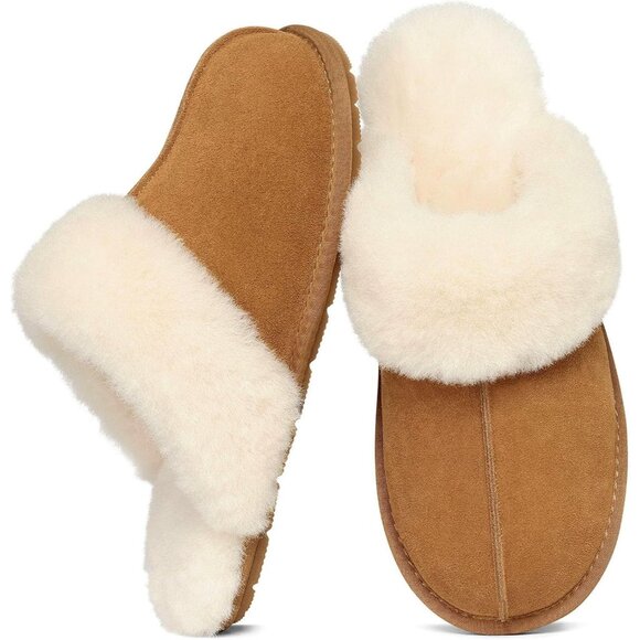 Shoes - Women's Leather Fuzzy Light Brown Winter Warm Scuff Cozy Slip On Slippers Shoes